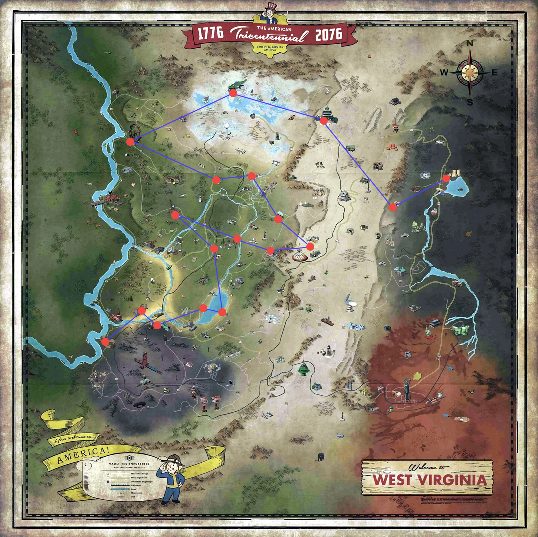 Map & Route of Locations for Spooky Halloween Scorched in Fallout 76